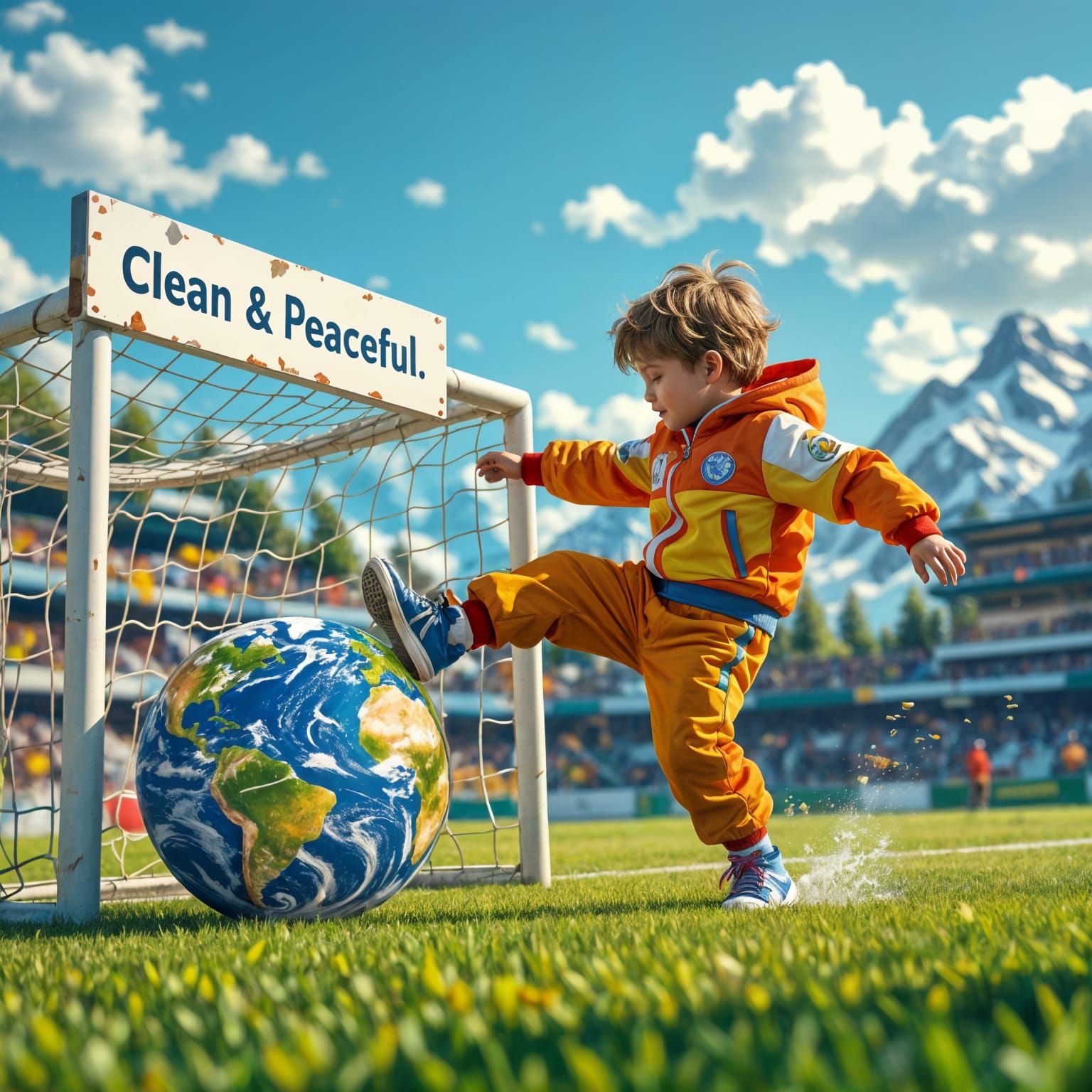 Boy Kicks Earth Globe into Goal: Fantasy Art