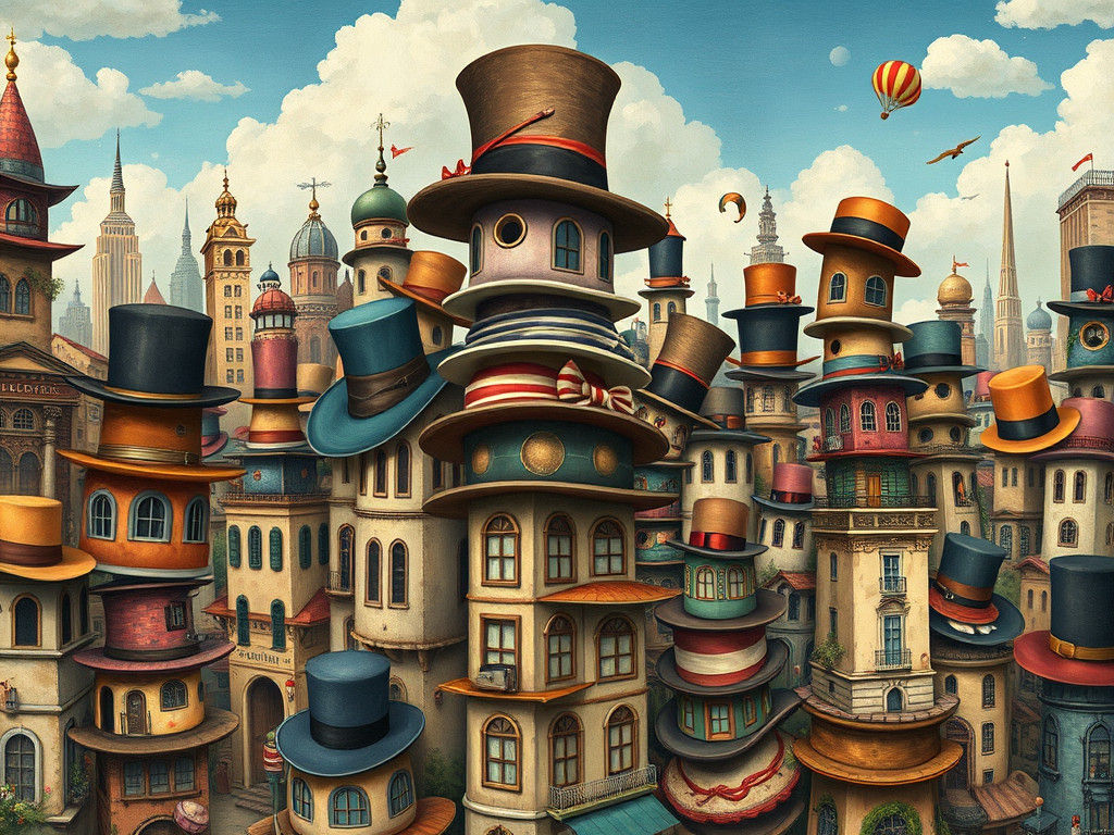 Surreal Cityscape of Hats in Whimsical Style