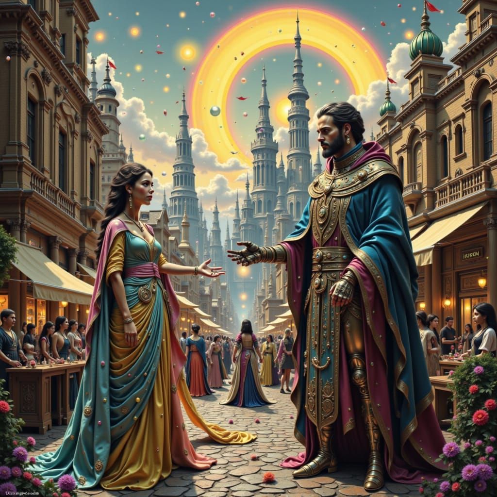 Medieval Robot Meeting in Baroque Cyberpunk Cityscape