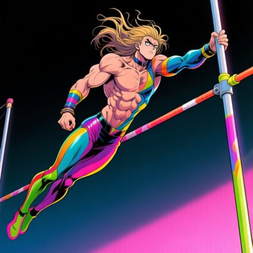 Rockstar Pole Vaults in Jojo Style Comic Art