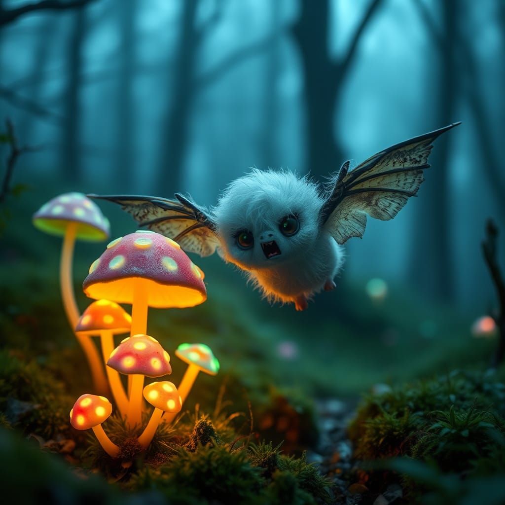 Fluorescent Mushrooms and Banshee in Eerie Forest