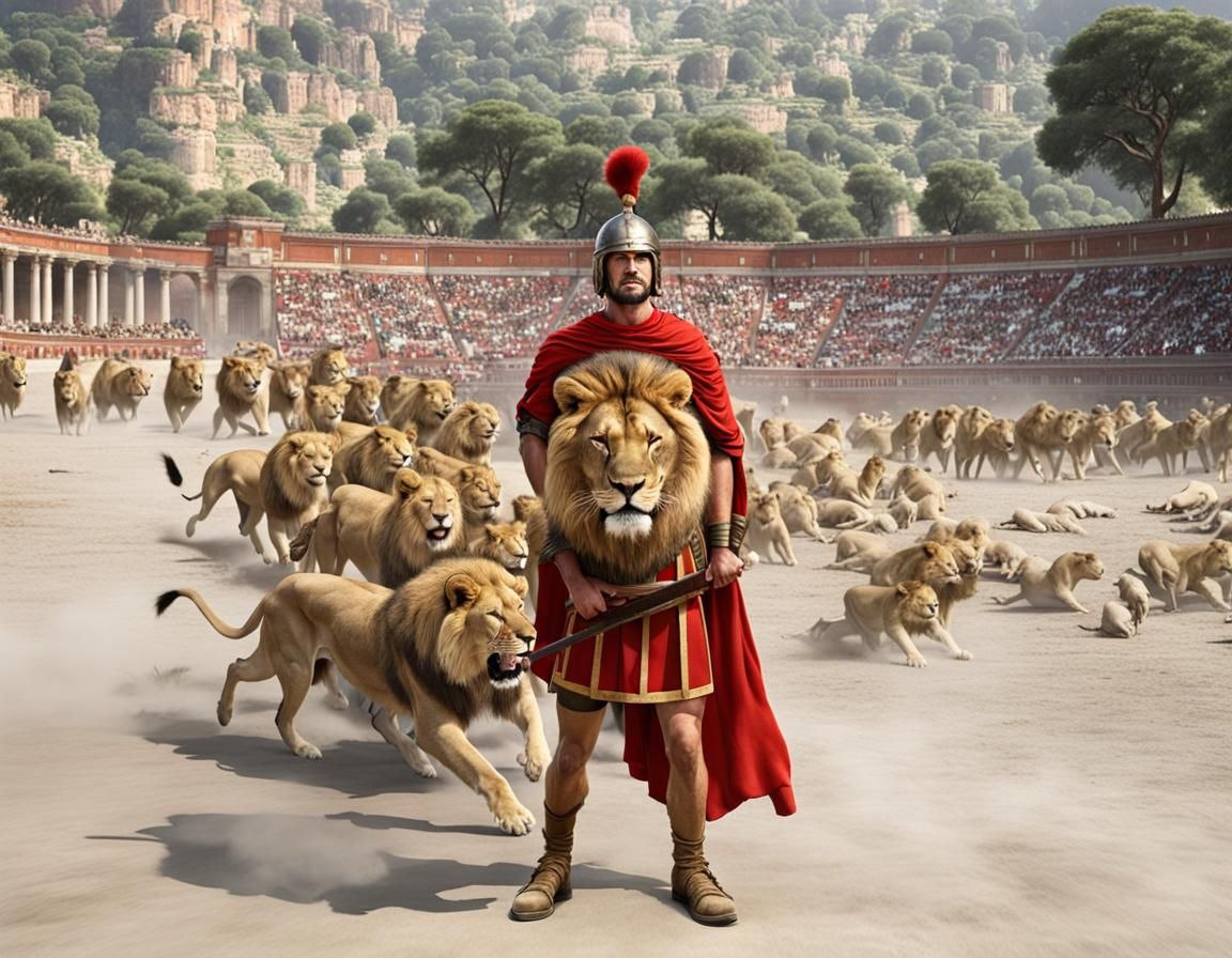 Roman Soldier Surrounded by Lions in Arena