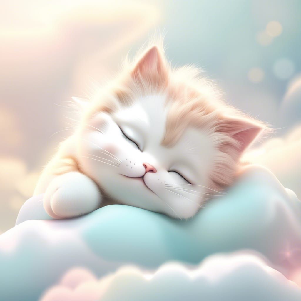 Cute Furry Kitten Sleeping on Cloud: 3D Render