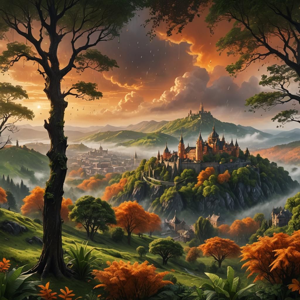 Lush Hill Station with Orange Sky: Fantasy Landscape