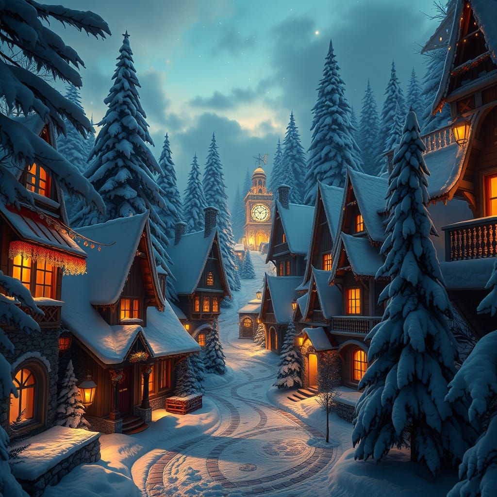 Enchanted Winter Village Radiates Golden Glow Under Starry S...