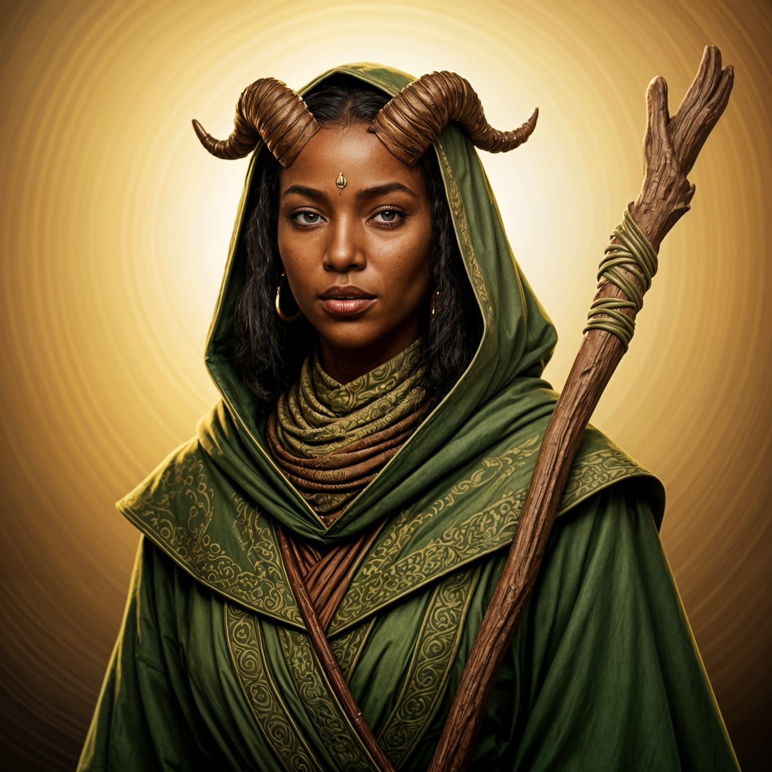 Tiefling Monk with Staff in Green Robes