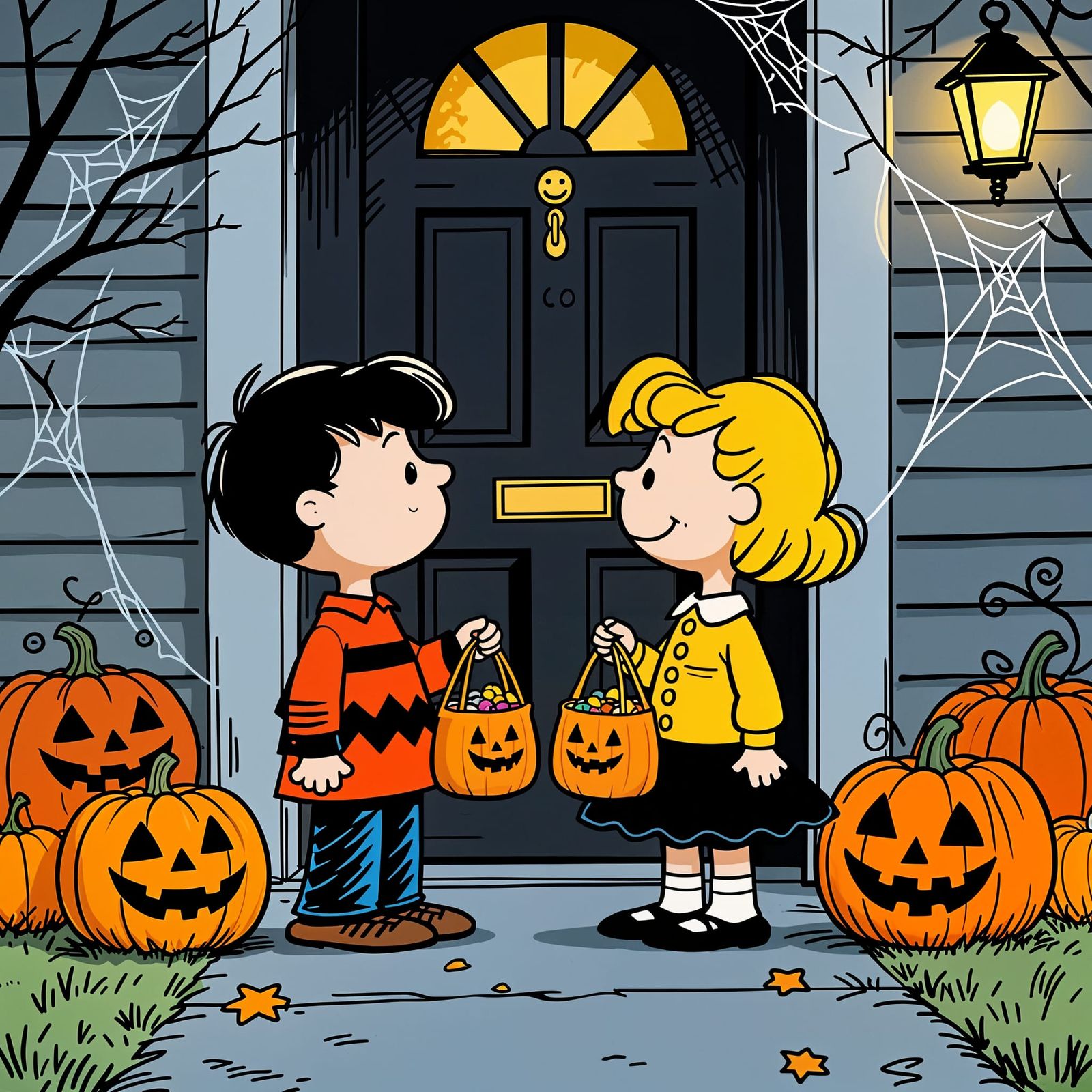Kids Trick or Treating in Peanuts Comic Style