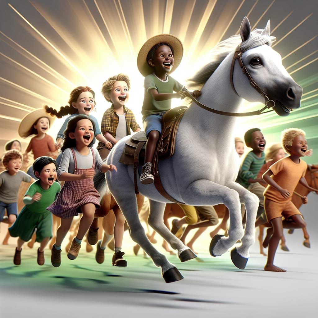 Children Riding a Horse: Vibrant 3D Digital Art
