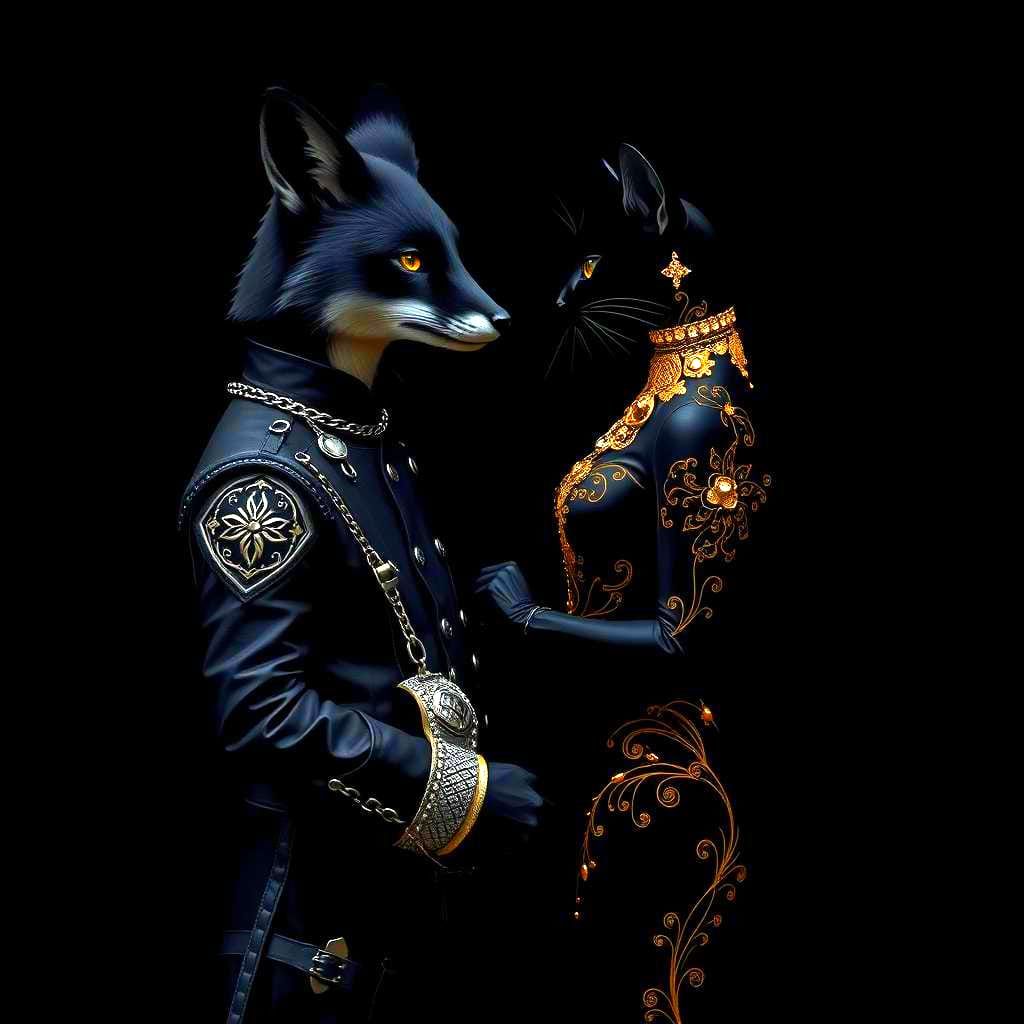 Fox and Cat Silhouettes Entwined in Darkness