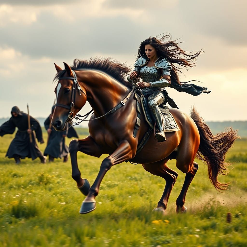 Majestic Horse Gallops Across Verdant Meadow with Amazonian....