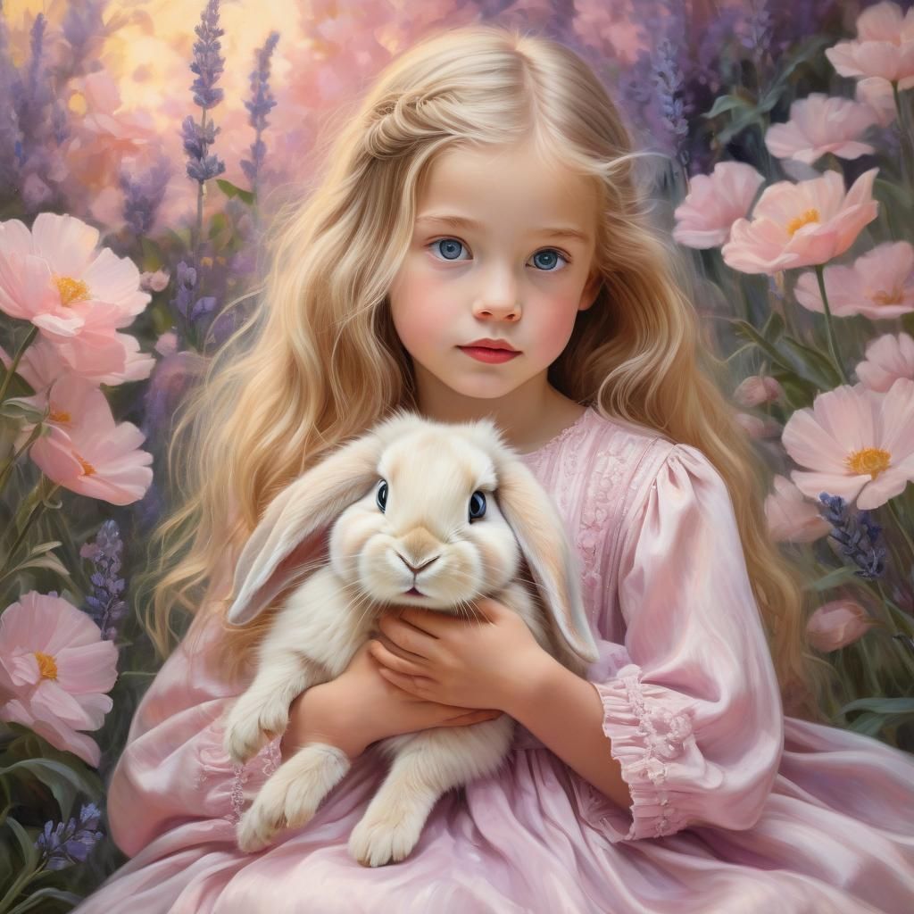 Child with Rabbit in Flower Garden as Oil Painting