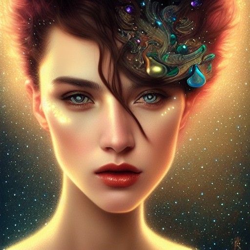 Jeweled Brunette in Space, Hyper-Detailed Digital Art