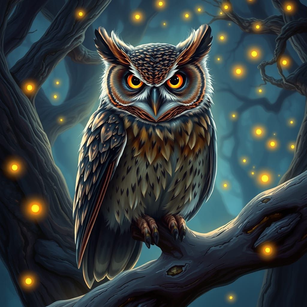 Regal Owl in Whimsical Woodland Scene