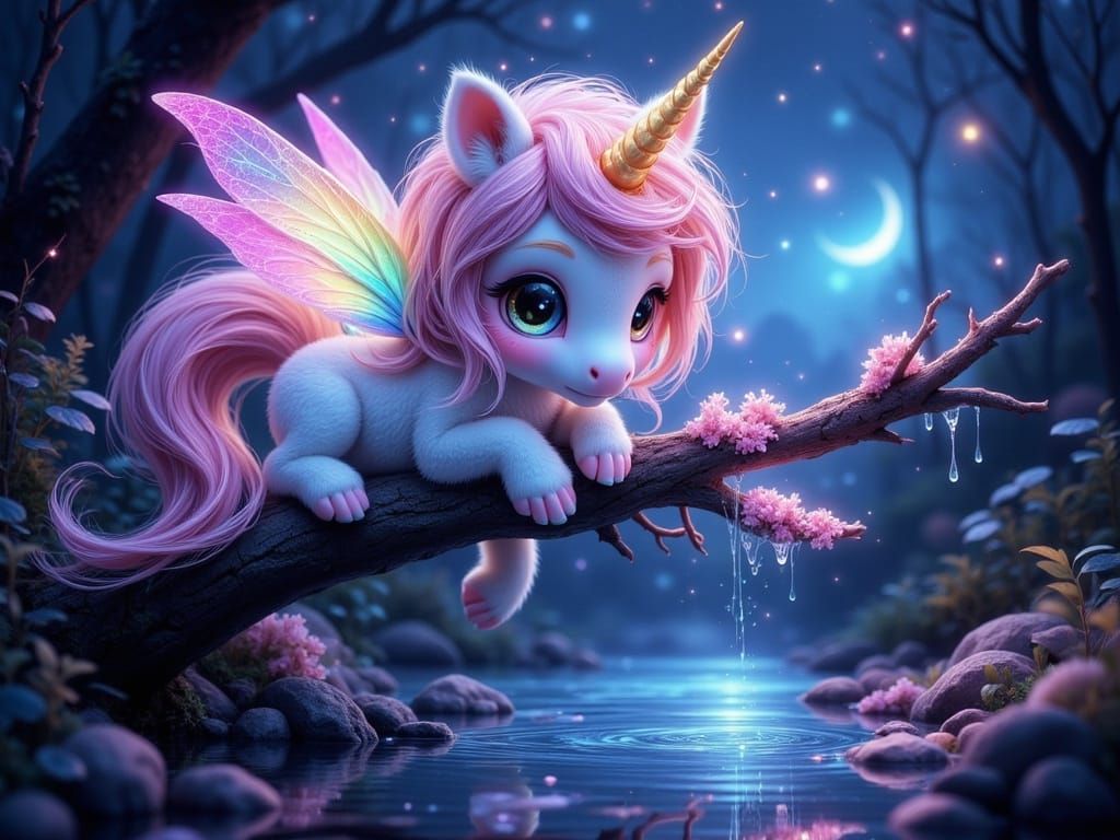 Pastel Rainbow Unicorn Illuminates Moonlit Forest