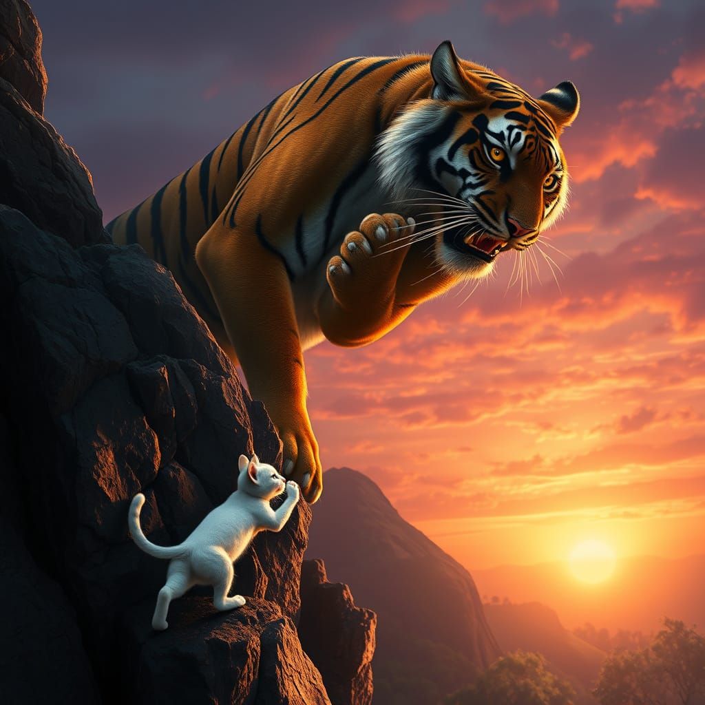 Tiger Rescues Desperate Cat on Rocky Cliff