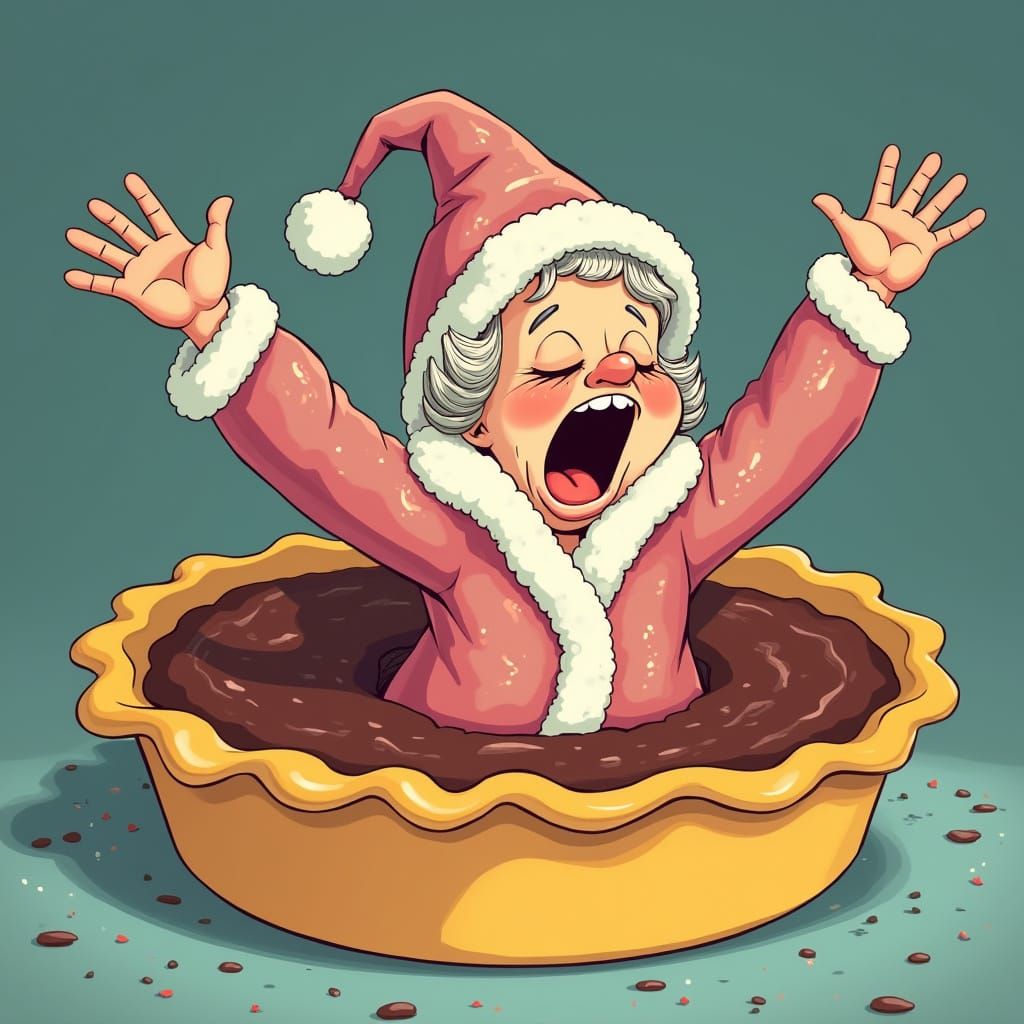 Sleepy Cartoon Granny Emerges From Giant Pie
