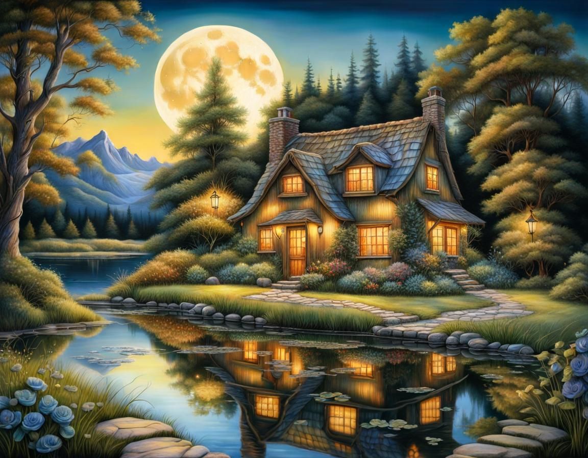 Cozy Cottage Under Full Moon: Dreamy Photorealistic Scene