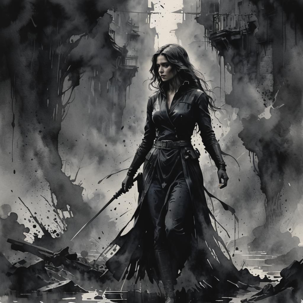 Dark Shadow Woman in Watercolor Style