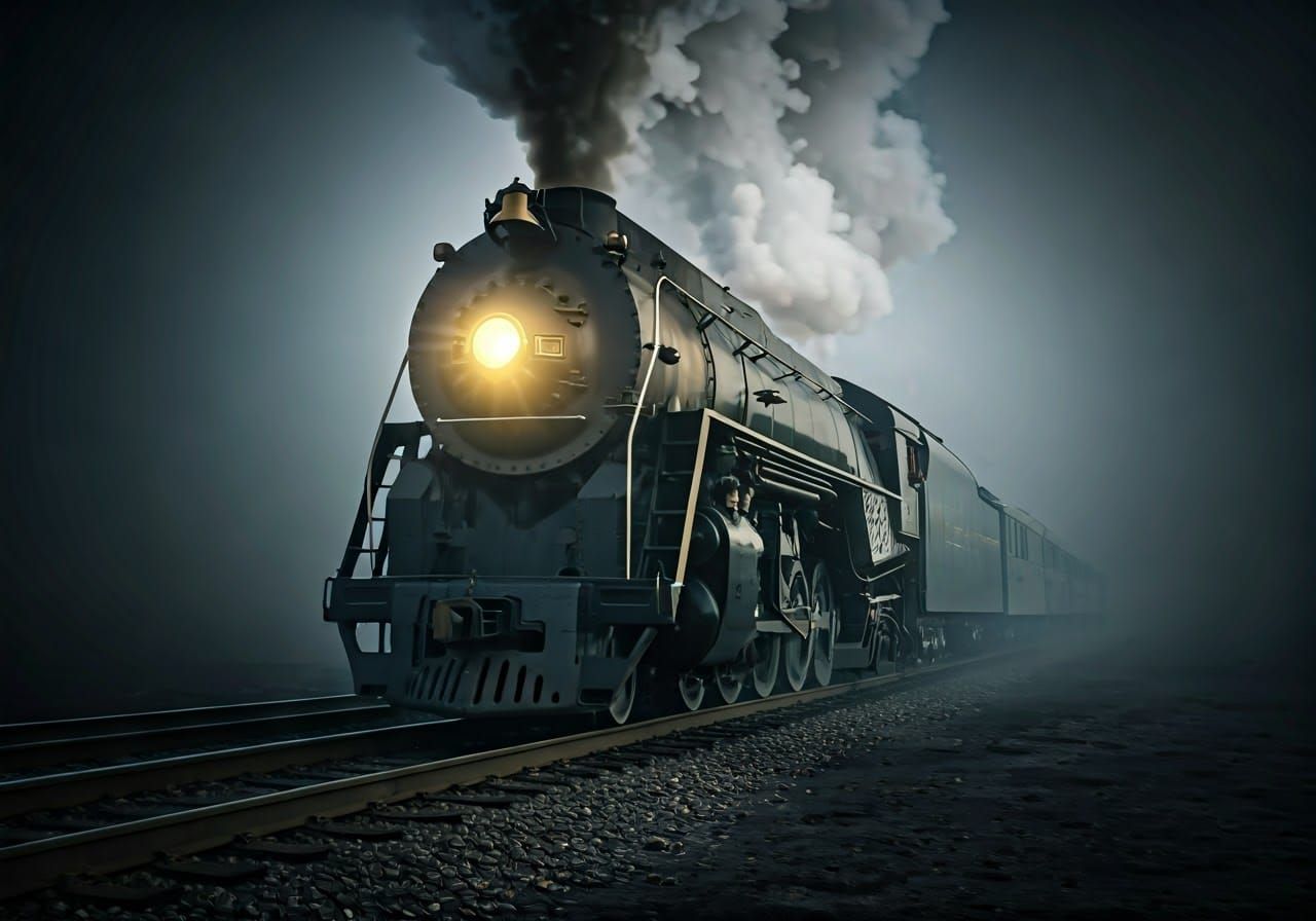 Steam Locomotive Erupts from Fog in Cinematic Cyberpunk Styl...