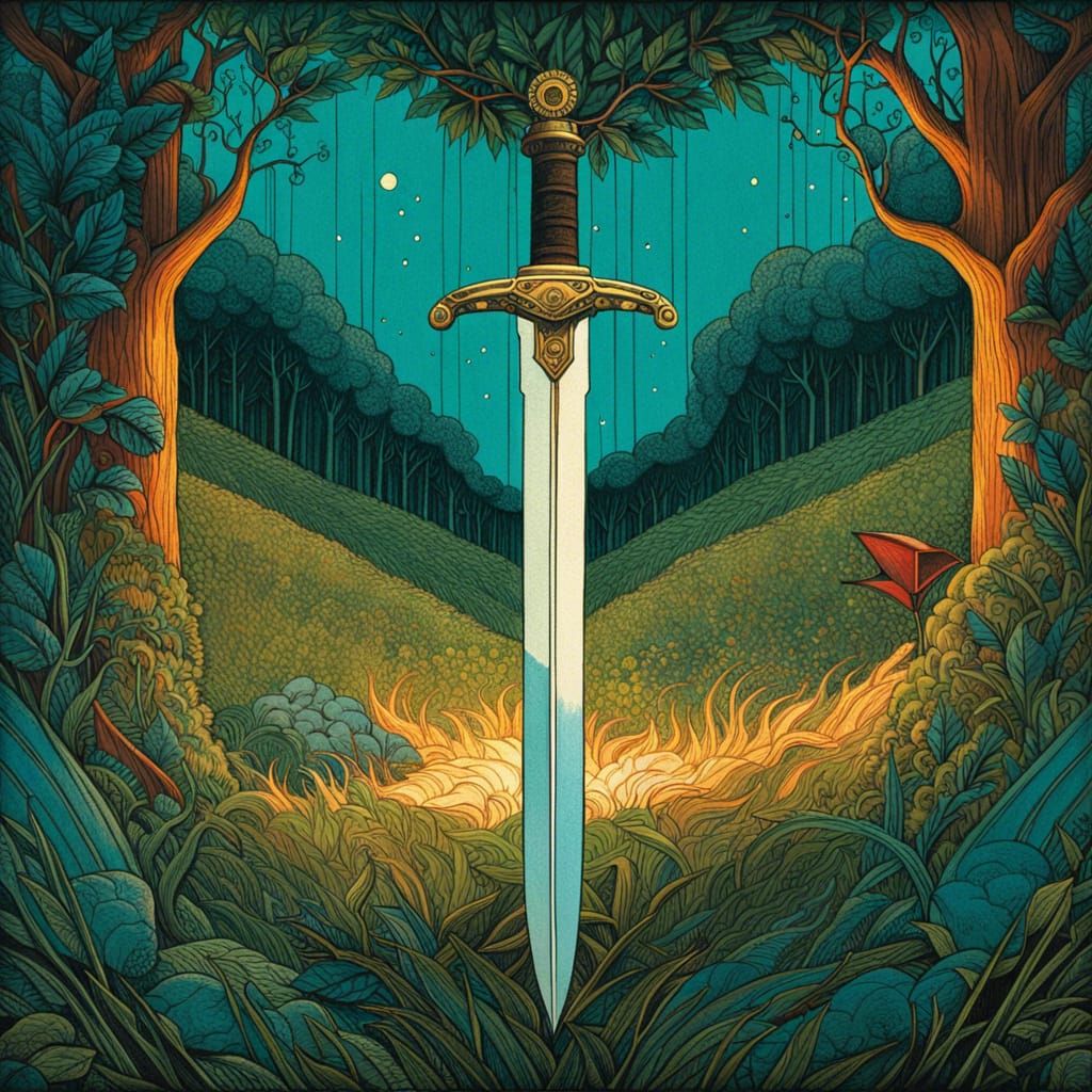 Sword in Field, Flat Design Colored Pencil Art