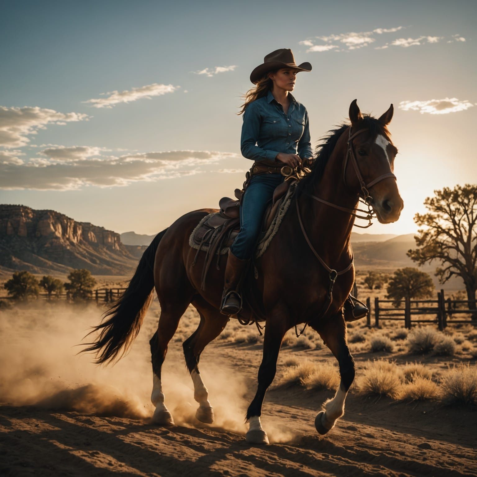 Cowgirl Rides Horse Towards Setting Sun in Dramatic Light