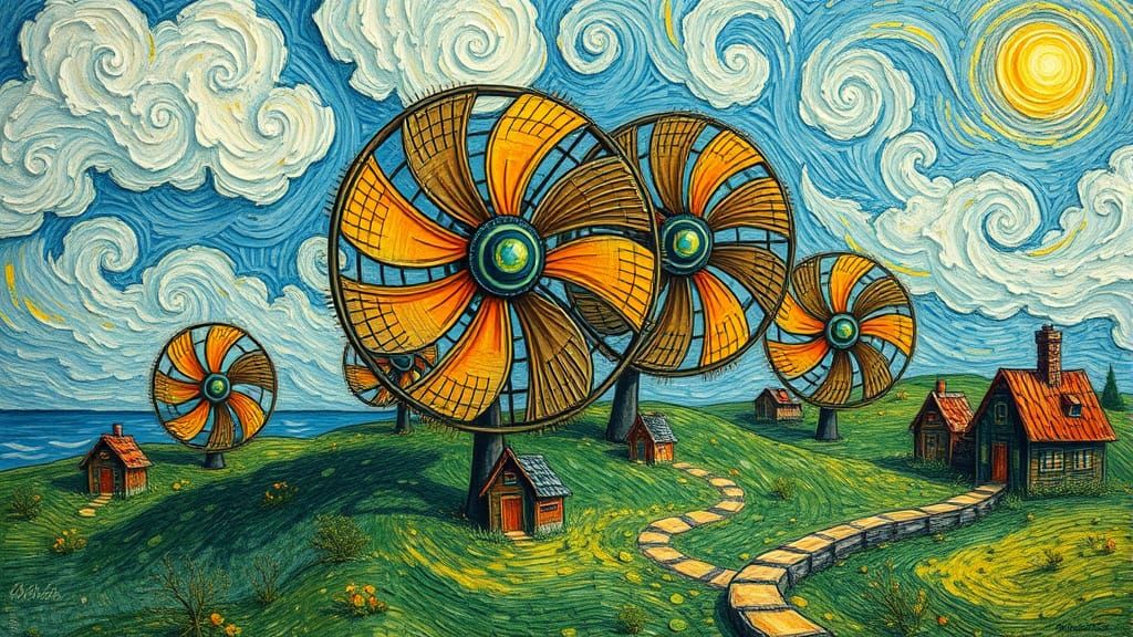 Whimsical Fans in a Van Gogh-Inspired Landscape