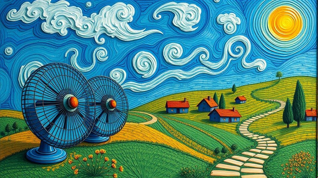 Van Gogh-Inspired Cooling Fans in Cloudy Sky