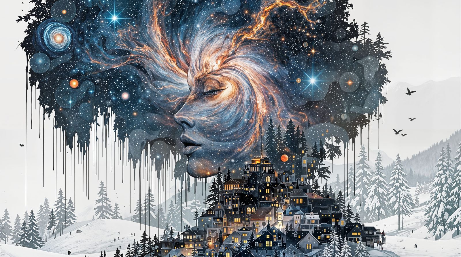 Stunning Princess in a Cosmos-Mountain Village Dual Exposure