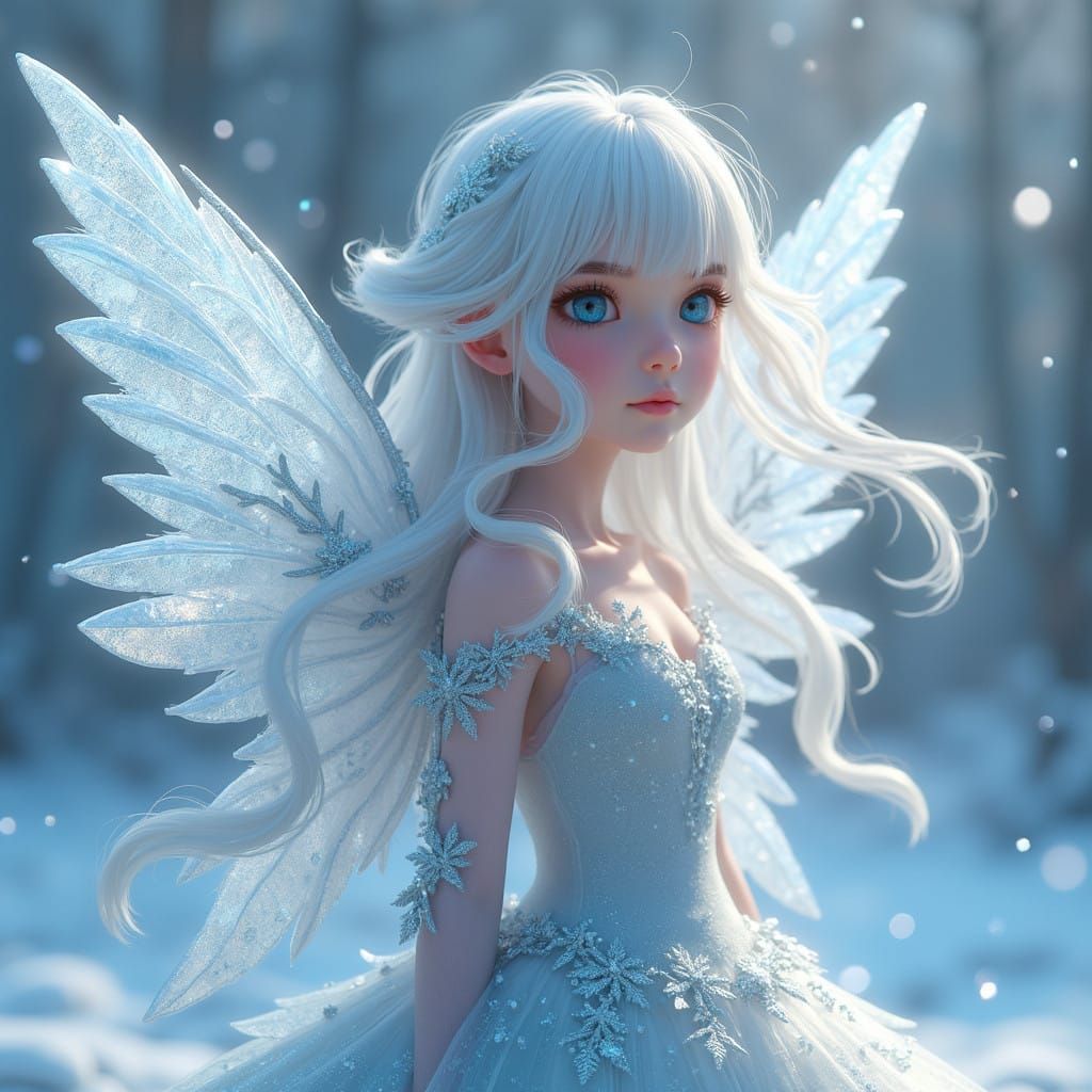 Winter Fairy in Elegant Anime Style with Delicate Silvery Dr...