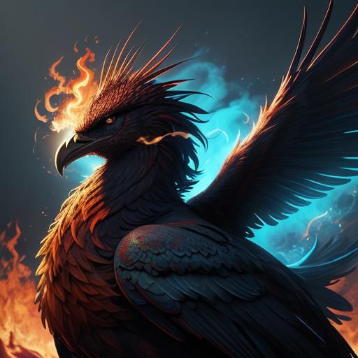 A close-up of a magnificent phoenix rising from the flames, ...