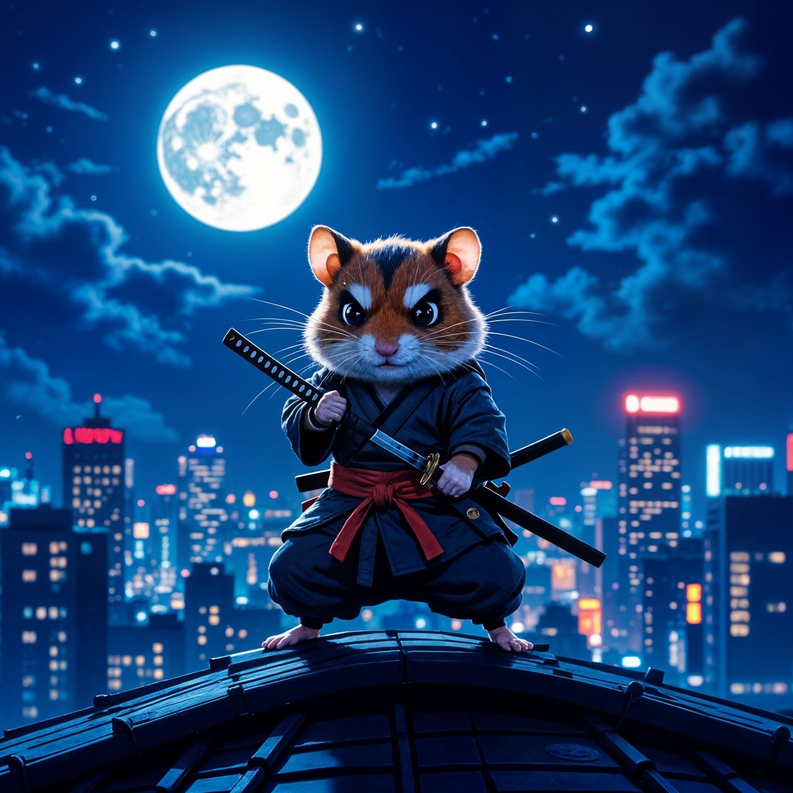 Hamster Ninja on Rooftop at Night