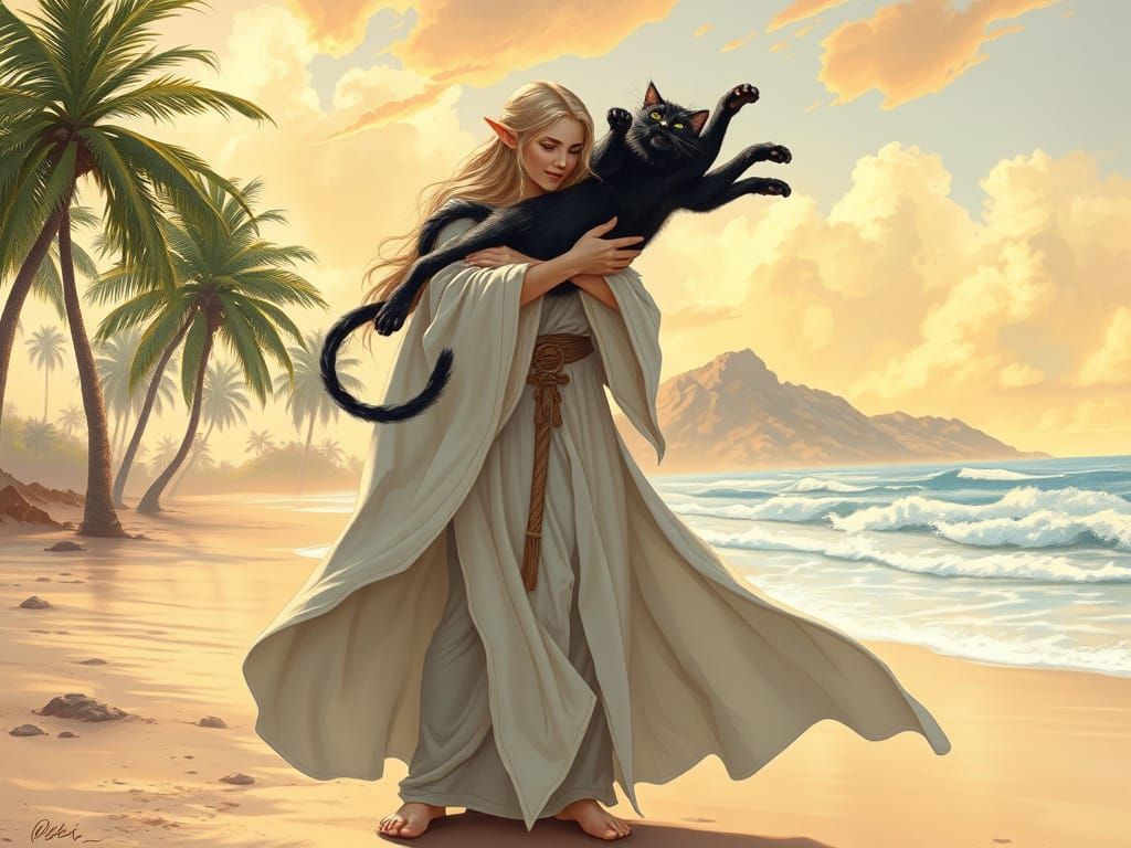 Elegant Elf Enfolds Whimsical Cat Girl in Sunny Beach Scene