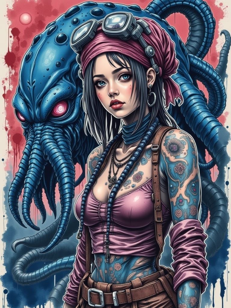 Watercolor Woman and Kraken with Intricate Details