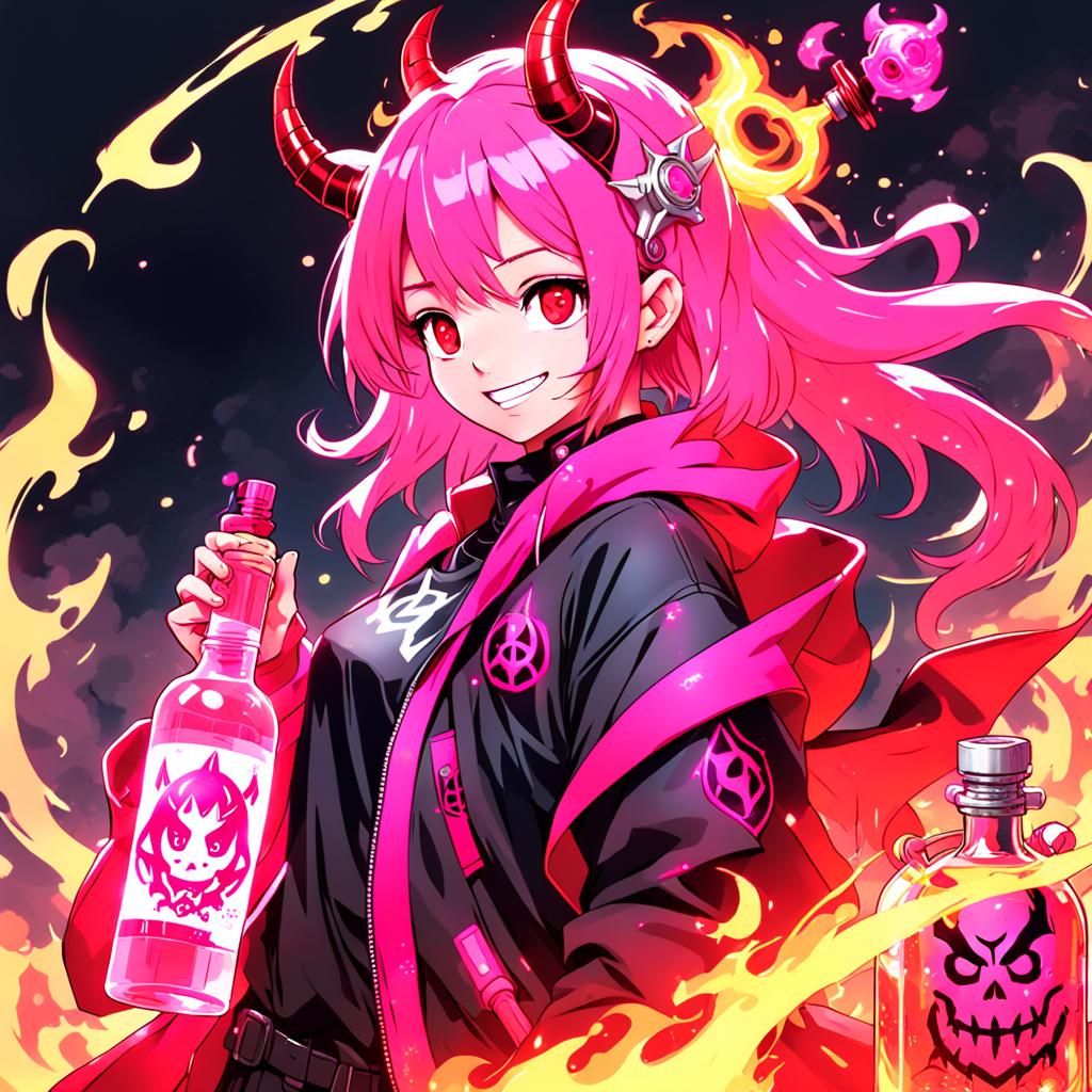 Fiery Arcane Punk Portrait of a Smiling Demon Woman