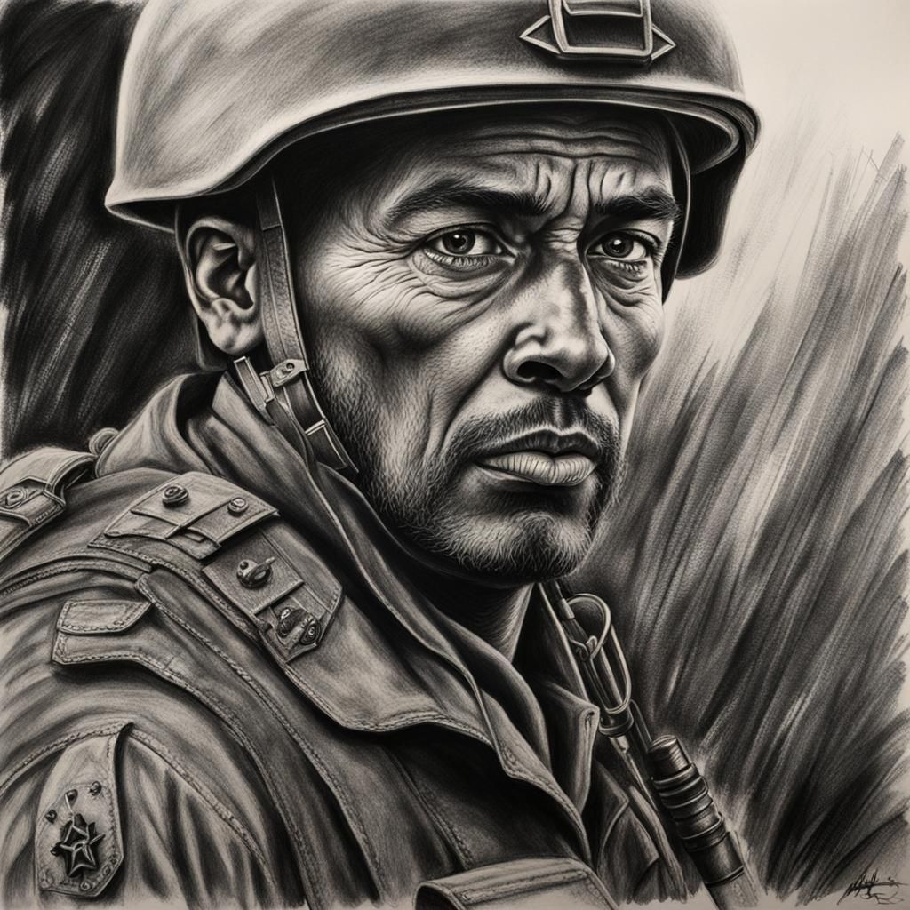 Hyperdetailed Charcoal Drawing of a Soldier