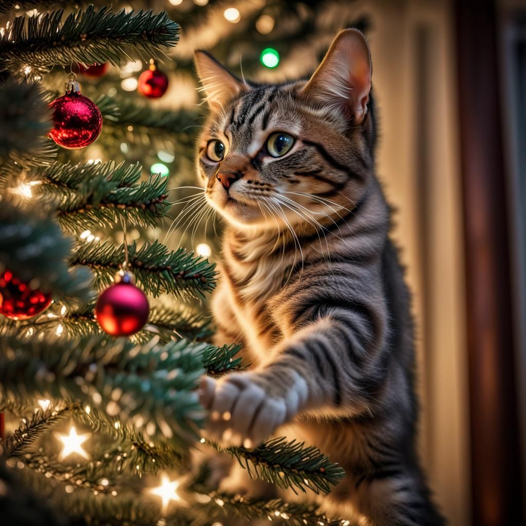 Hyperrealistic Cat Climbing Christmas Tree