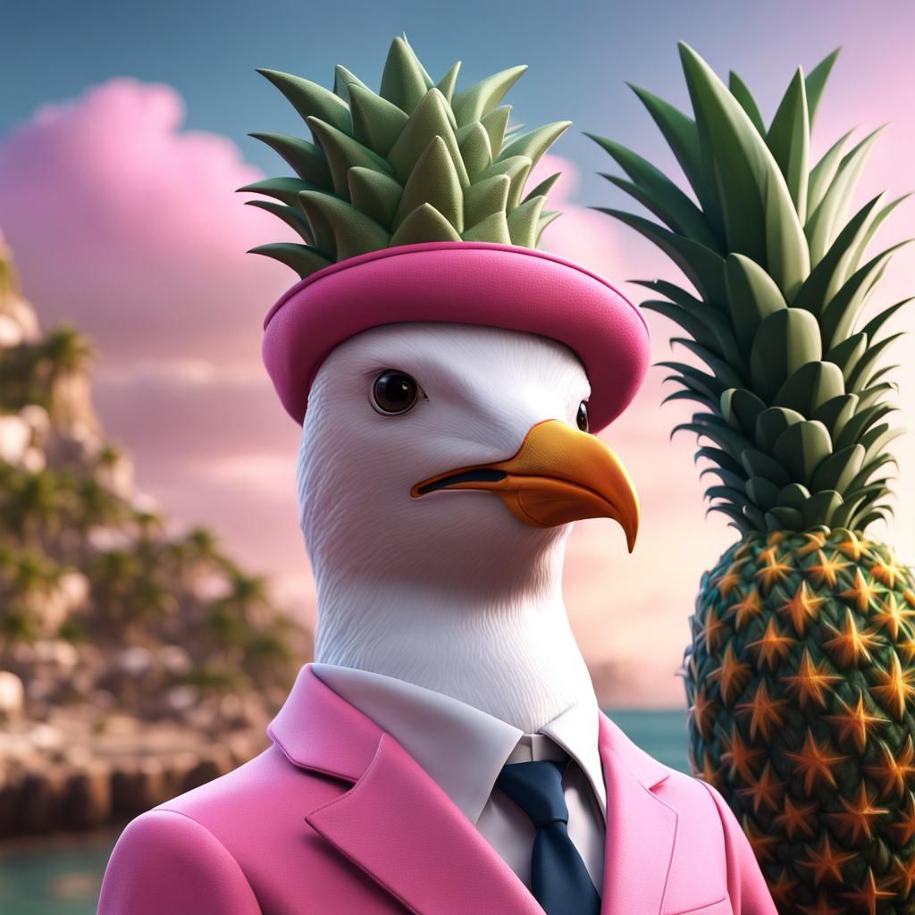 Seagull in Pink Suit with Pineapple Hat