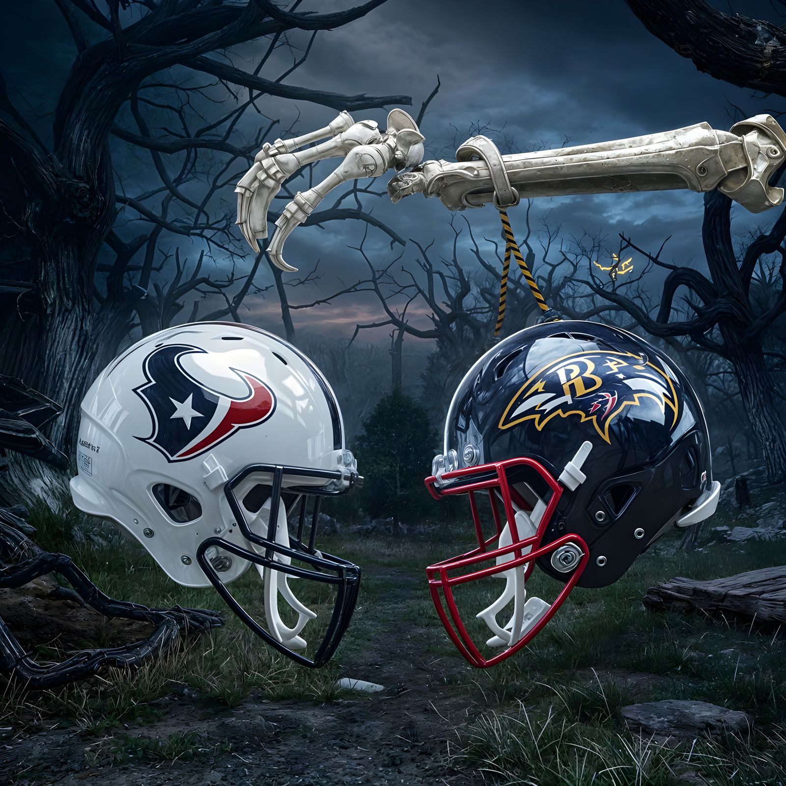 Eerie Campground Scene with Suspended Football Helmets in Ha...
