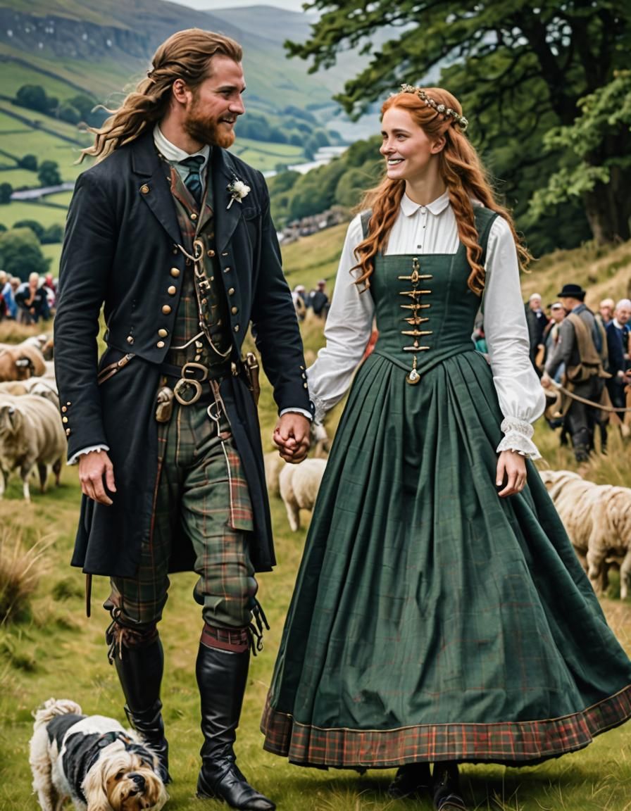 Scottish Couple in Traditional Clothing with Fantasy Backgro...