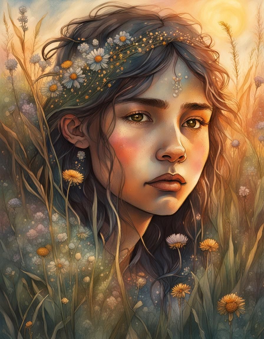 Mystical Gypsy Girl in Wildflower Field, Splash Art