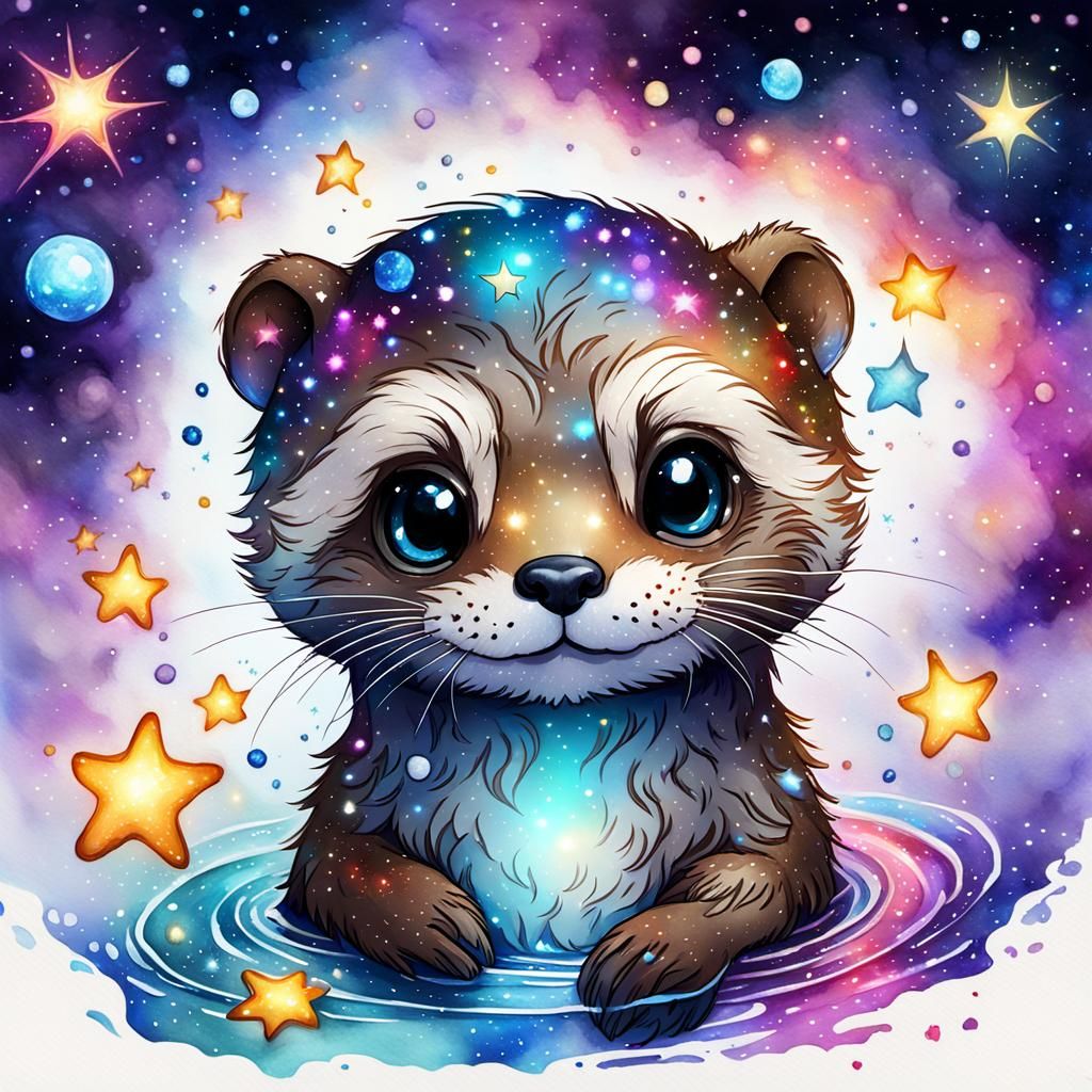 Sparkling Chibi Otter in Watercolor Nebula
