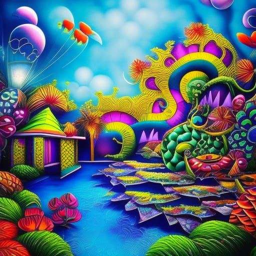 Dreamscape Fantasy Pool in Zentangle Graffiti Art Style