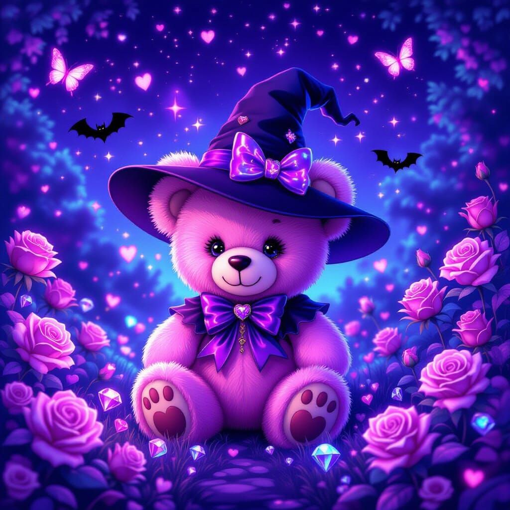Pink Teddy Bear Witch in Enchanted Garden