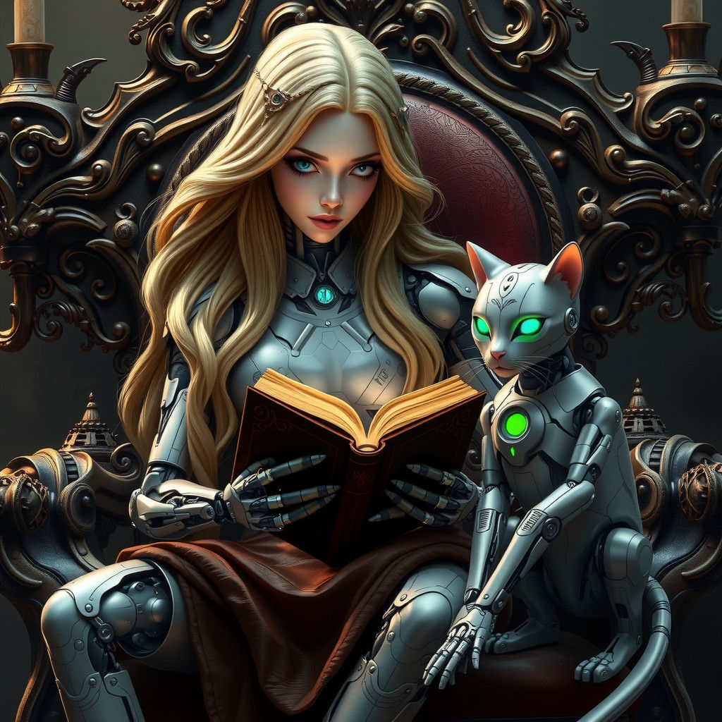Futuristic Robot Queen with Cyberpunk Cat