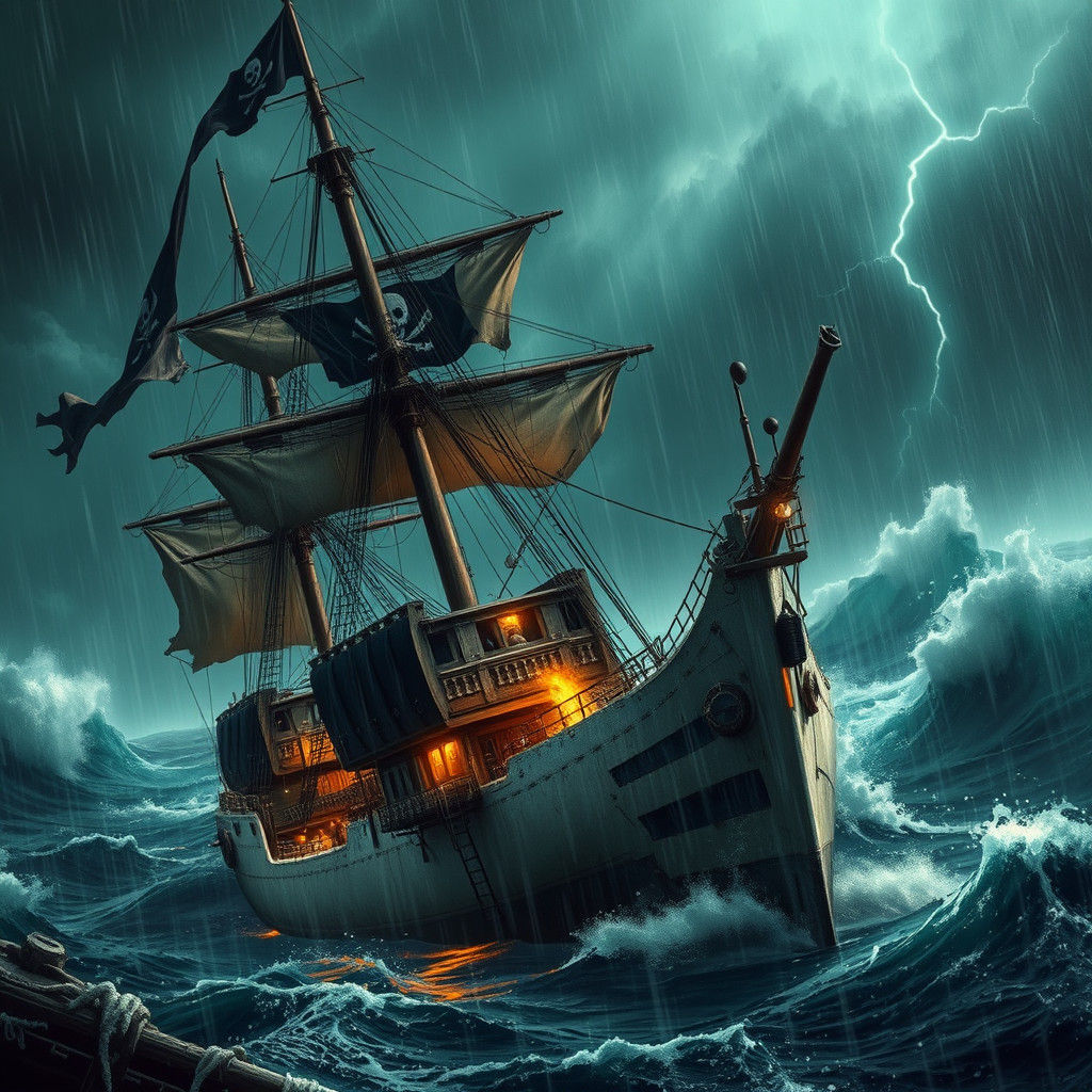Pirate Ship Battle in a Stormy Sea