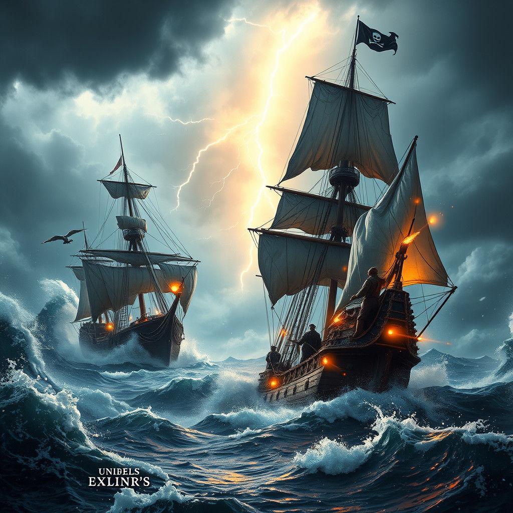 Pirate Ship Battle in Stormy Seas: Cinematic Matte Painting