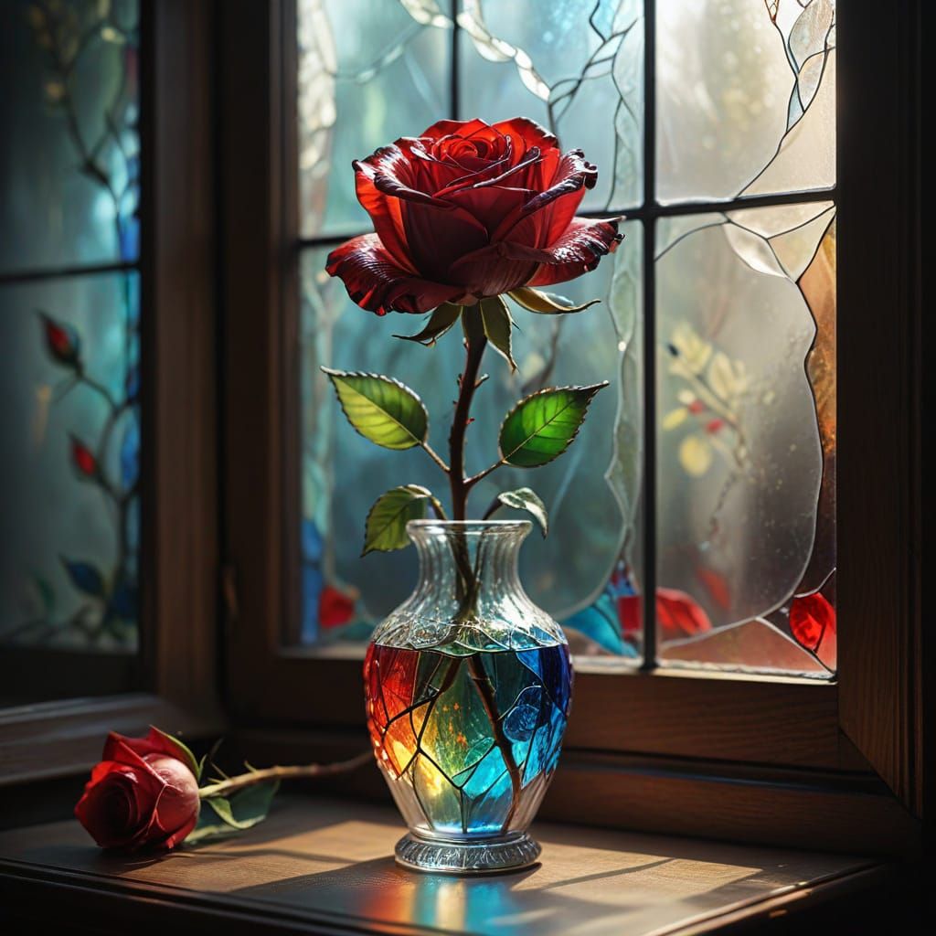 Vibrant Stained Glass Rose in Elegant Vase