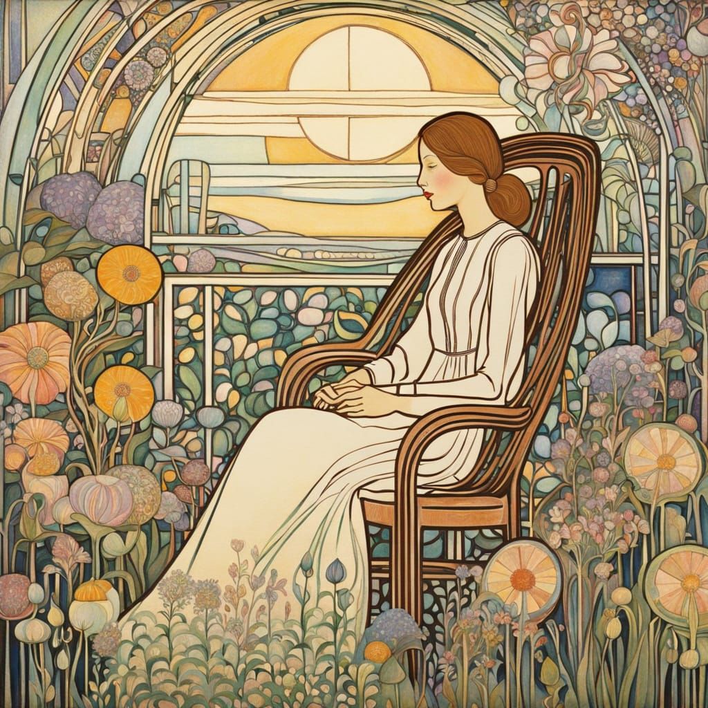 Ethereal Garden Scene in Art Nouveau Style