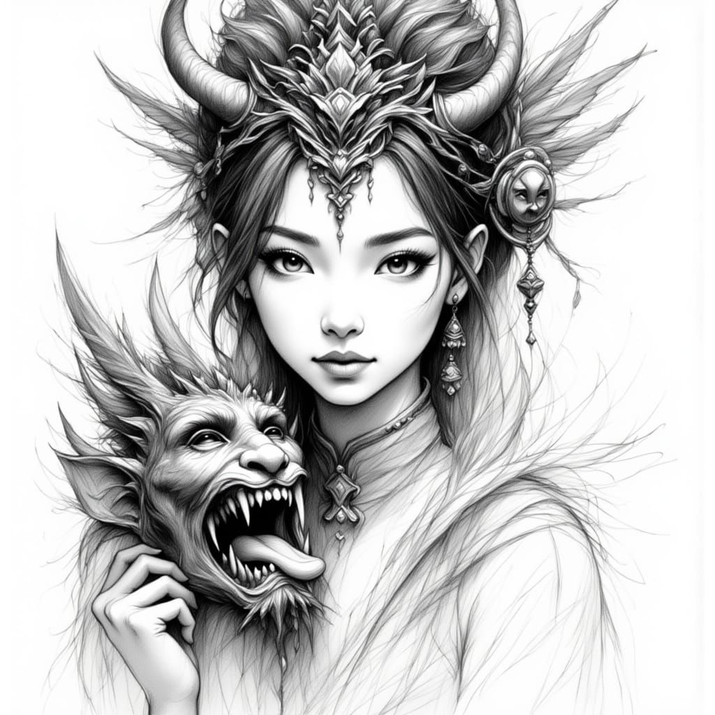 Asian Woman With Oni Mask Sketch in Pencil and Ink