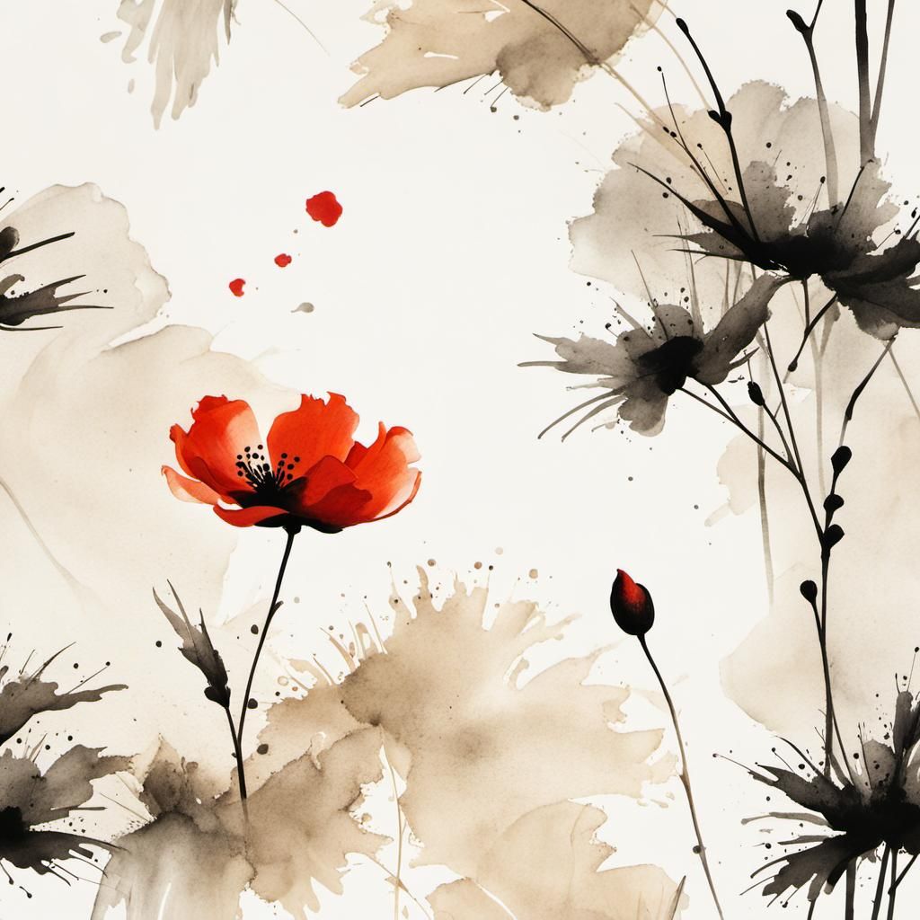 Poppy in Muted Chinese Ink Painting Style